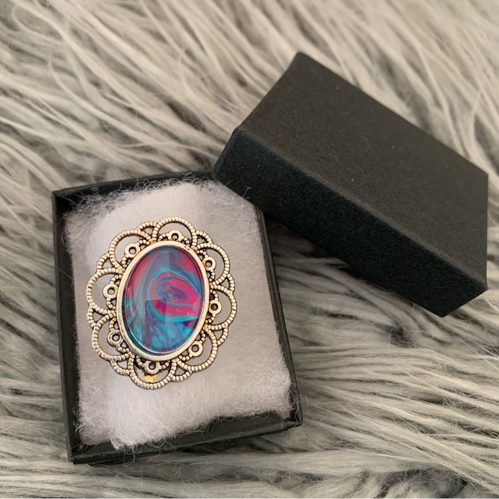 Handmade Fluid Art Ring- Pretty Peacock